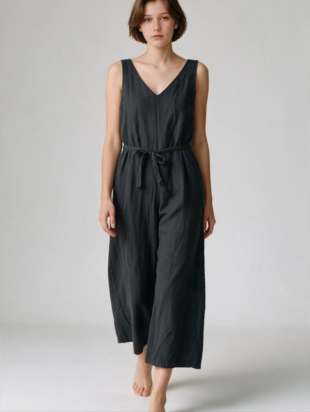 Johnny Was Calme 100% Cotton Gauze Wide Leg Crop Jumpsuit XL  Gray Belted Boho